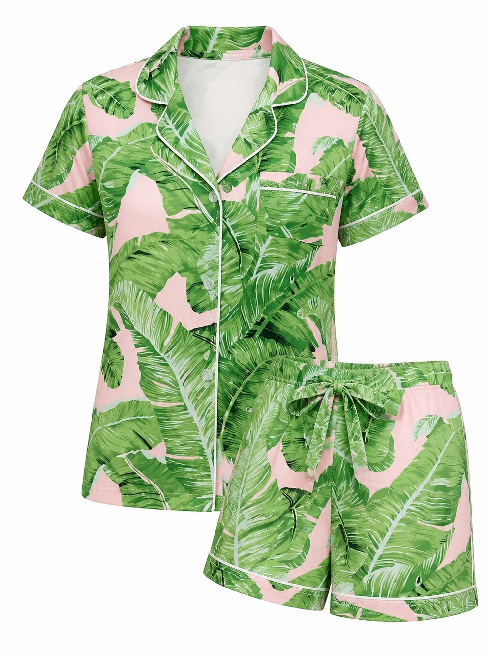 Tropical Leaf Short Pajama Set - Pink & Green